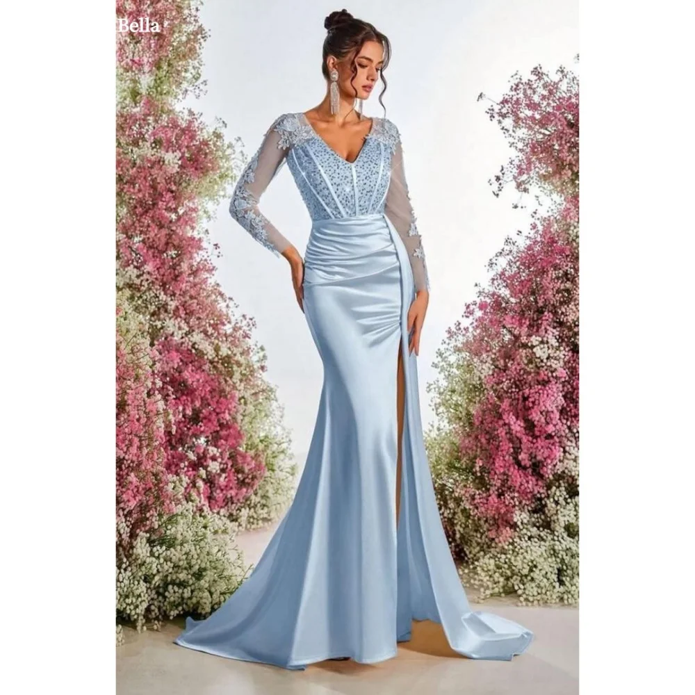 

Bella Customized Blue Flowers Embroidery Long Sleeves robes de soirée Side Slit Long Sleeves Party Dresses Sequins Prom Dress