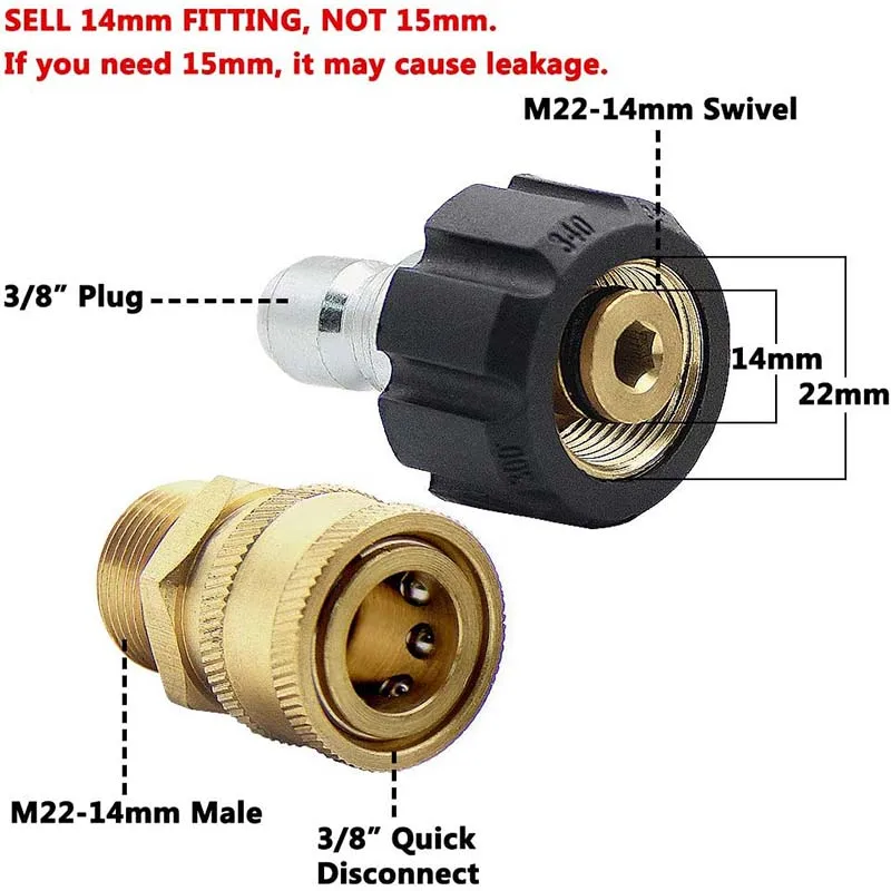 Ultimate Pressure Washer Adapter Set Quick Disconnect Kit M22 14mm Swivel to 3/8\'\' Quick Connect, 3/4\