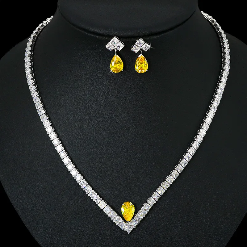 Bride Wedding Zircon Necklace Earrings Set Wedding Dress Banquet Annual Meeting Ins Jewelry