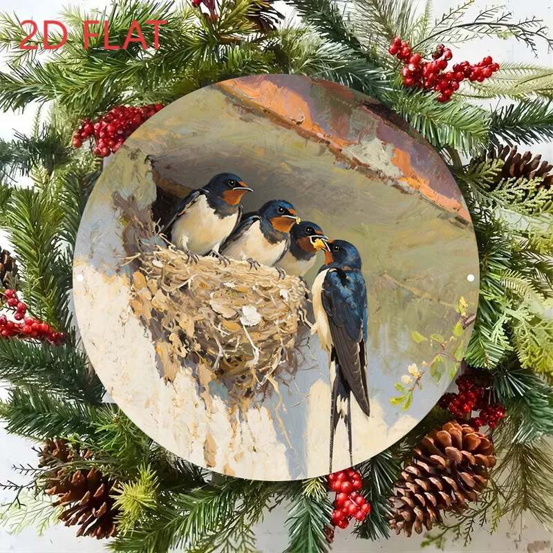 2D Flat, 1pc of 2D Flat Artwork, a Heartwarming Scene of a Swallow Feeding a Baby Bird, Vintage Sign, 8x8 Inches (20x20cm), Uniq