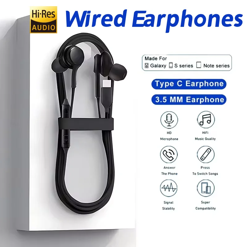 Original Type C Wired Earphone For Samsung Galaxy S25 S24 S23 S21 S22 Ultra Plus 3.5mm Earbuds Headphones A54 A34 A53 A53 Laptop