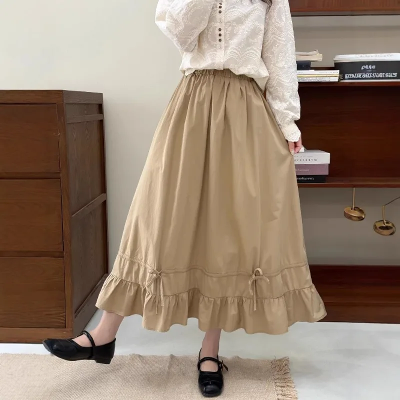 Vintage Kawaii Mori Girl Ruffle Hem Cotton A-Line Maxi Skirt Women Loose Fit Beige Khaki Spring Preppy Style Cute Bow Long Skirt