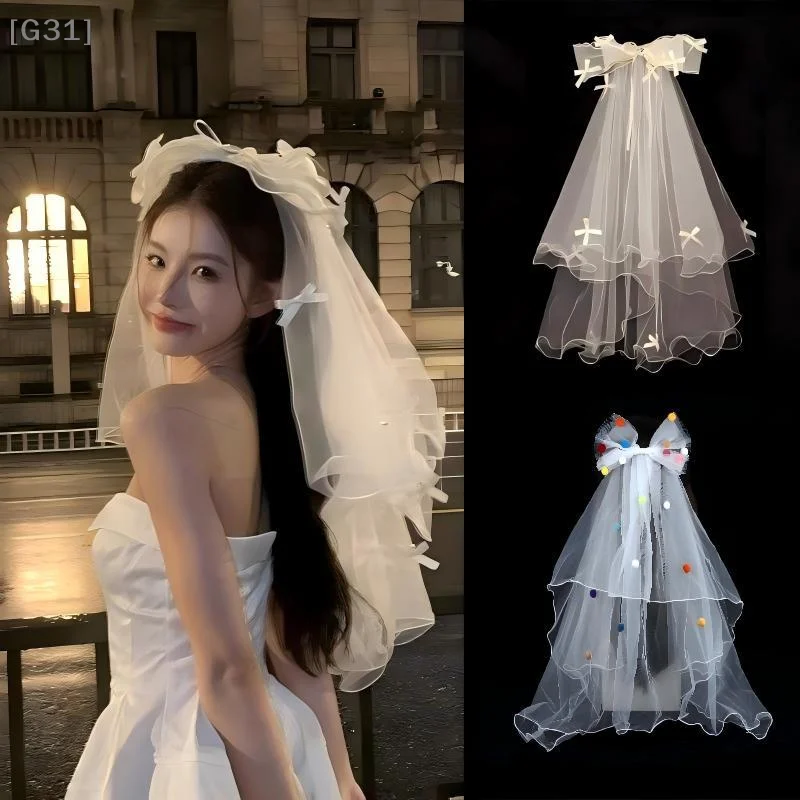 White Bow Tulle Bridal Veil With Hair Clip Wedding Bachelorette Hen Party Veil Hair Clip Hair Accessories Photoshoot Props[G31]
