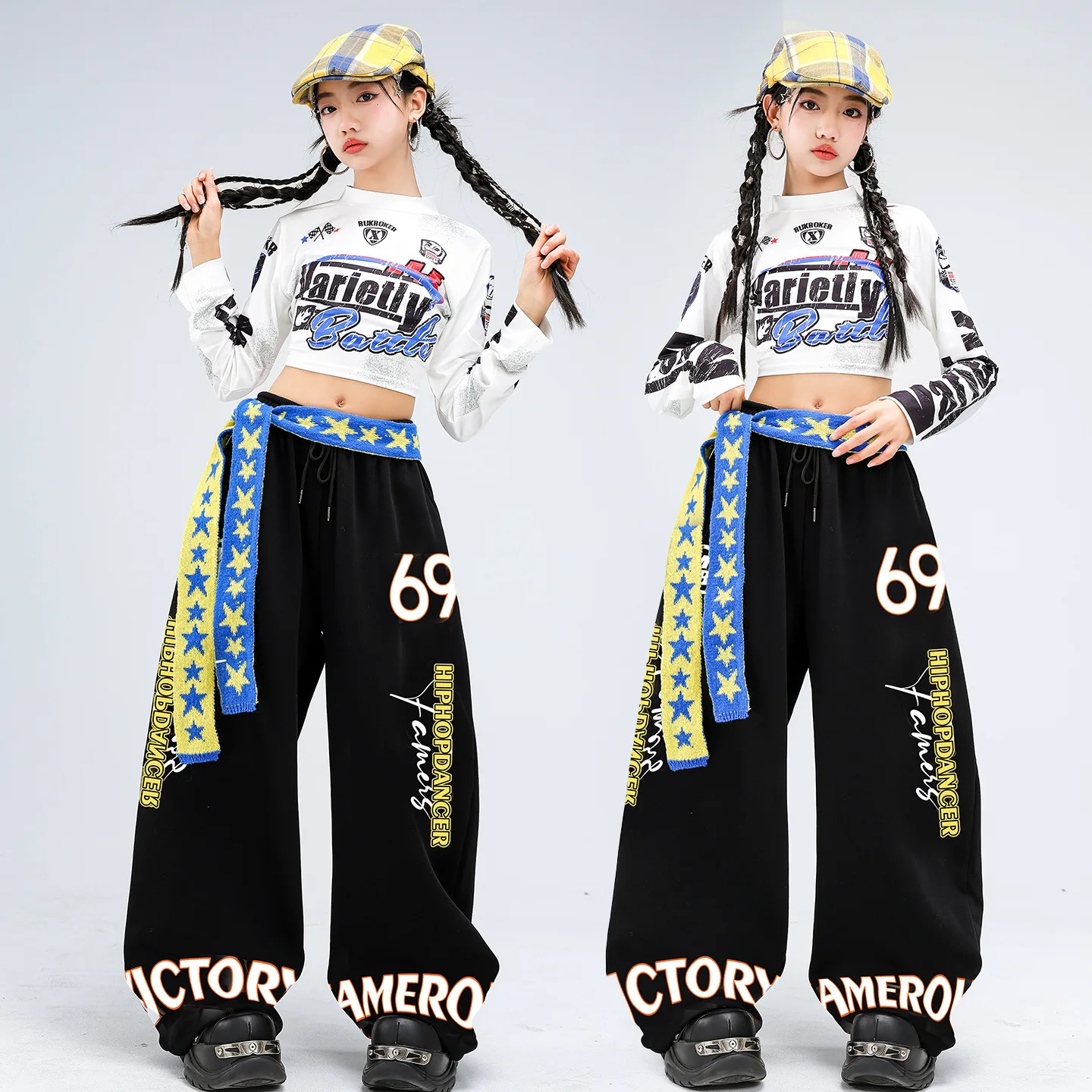 

Детская одежда в стиле K-pop и хип-хоп: укороченная футболка с длинным рукавом и белым принтом, черные спортивные штаны для девочек, костюмы для уличных танцев