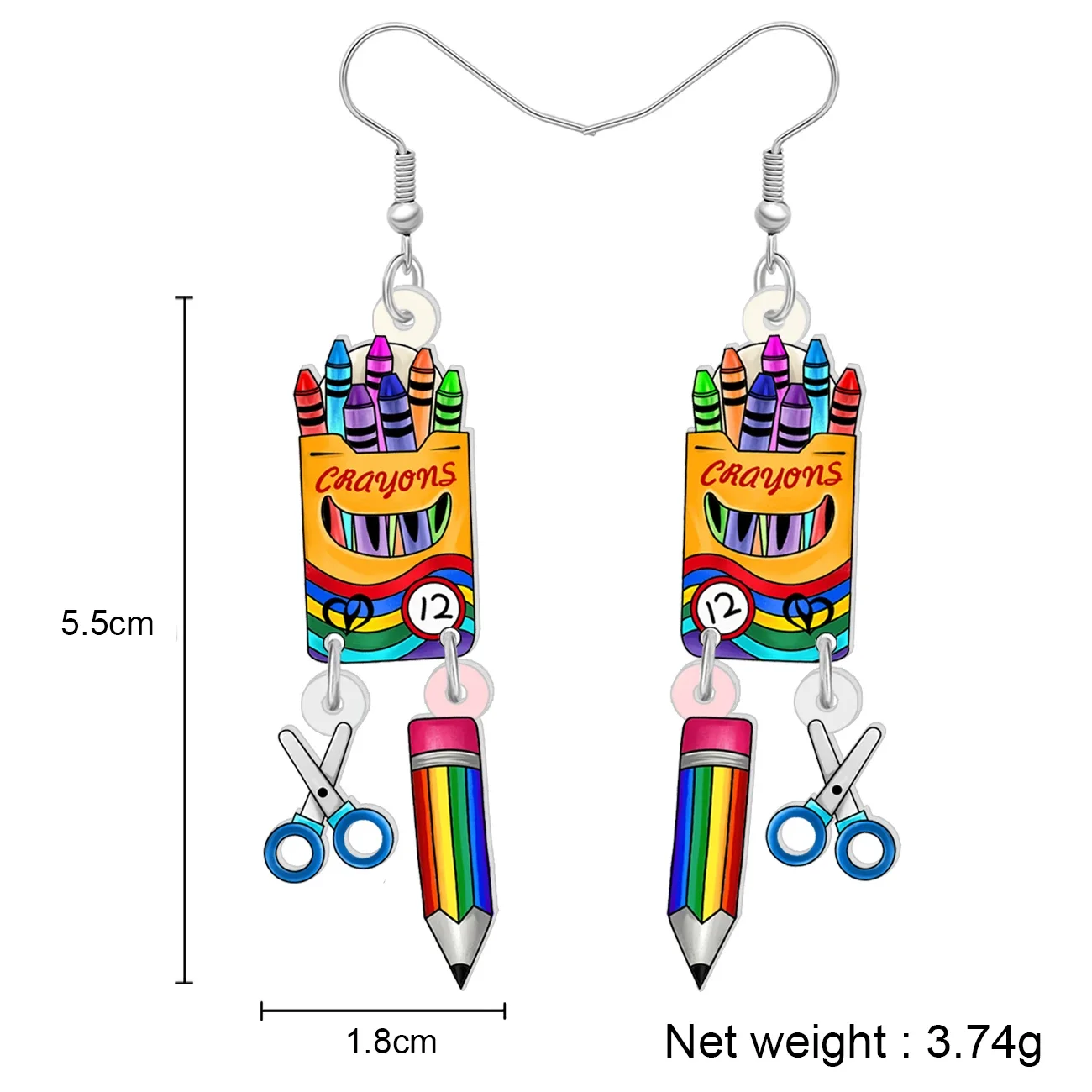 WEVENI Acrylic Colorful Crayon Pencil Scissors Drop Dangle Earrings Trendy Jewelry for Women Kids Teacher Back to School Gift