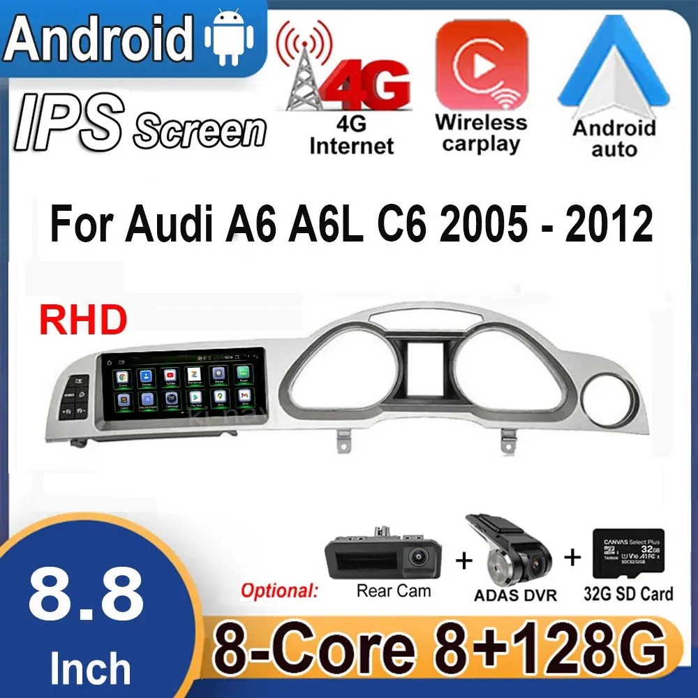 8.8 Inch For Audi A6 A6L C6 4F 2005 - 2012 Right hand driver Android 14 Car Stereo GPS Multimedia Radio Video Carplay System