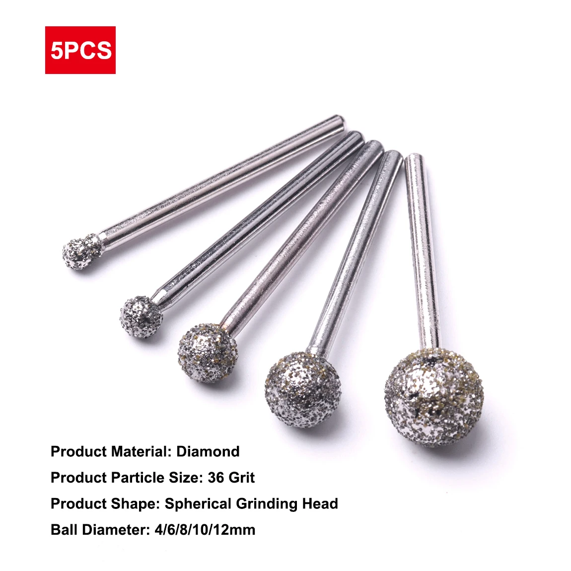 5Pcs Round Ball Diamond Grinding Head Burr Bit 3mm Shank Jade Carve Precision Engrave Rotary Carving Engraving Tools