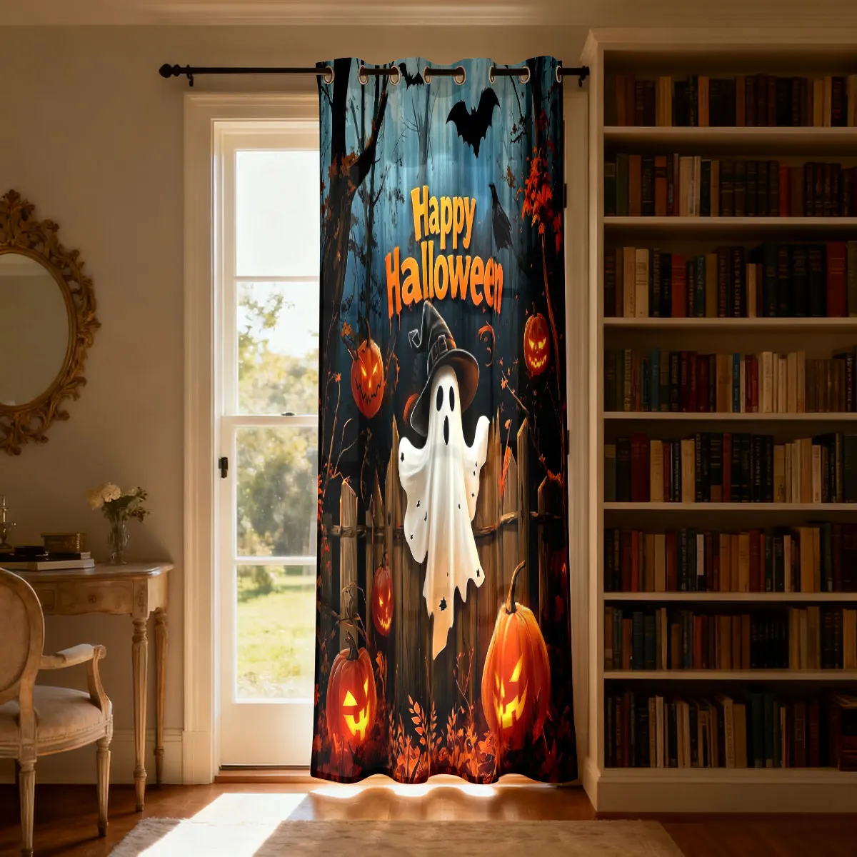 1PC Halloween Ghost Pumpkin Bat Pattern Single Loop Curtain For Living Room Bedroom Door Window Stylish Home Ornament view 2