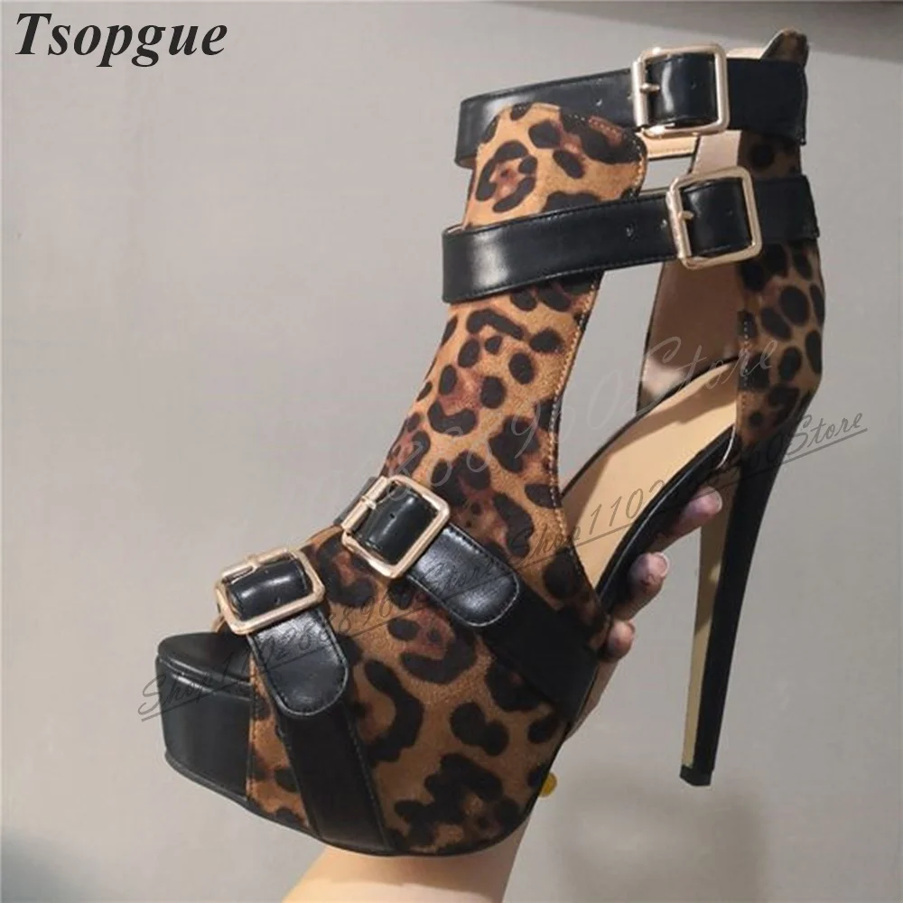 

Mixed Leopard Print Buckle Strap Platform Sandals Thin High Heel Women Shoes Back Zipper Peep Toe 2024 Sexy Zapatos Para Mujere