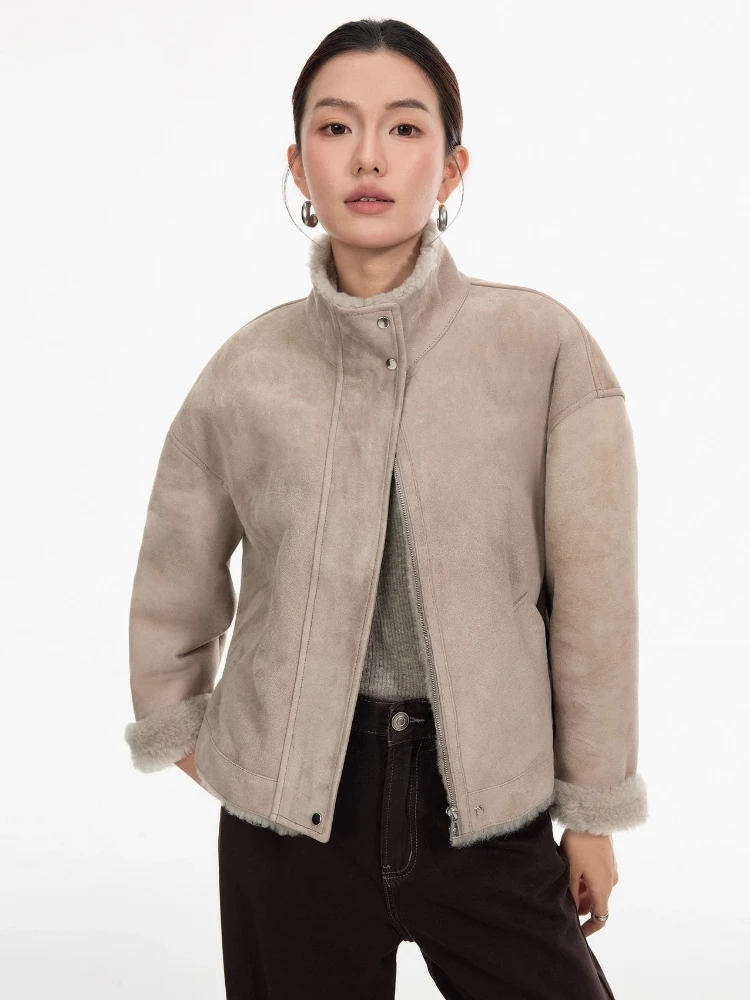 الراقية الفاخرة ميرينو الأغنام الفراء امبسوول سترة للنساء بسيطة الوقوف طوق قصيرة الشتاء جلد طبيعي معطف الفرو الحقيقي من جلد الغزال