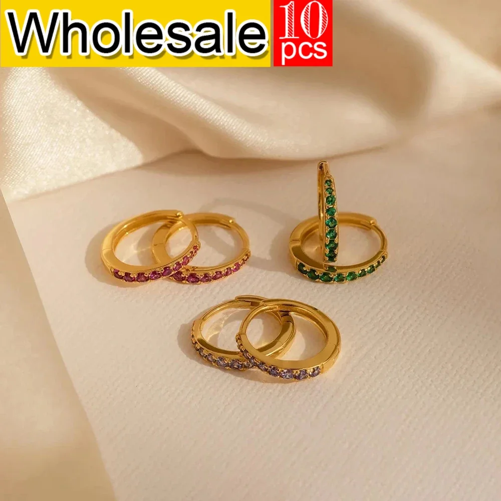 10PCS Stainless Steel Birthstone Earrings Minimalist Huggie Hoop Earrings For Women Tiny Round Circle Jewelry  Wholesale