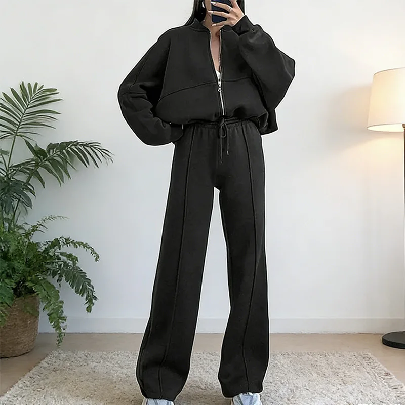 Women's Fleece-Lined High Waist Loose Tracksuit Hoodie Coat and Casual Pants Set Winter Thick Warm for Outdoor Streetwear