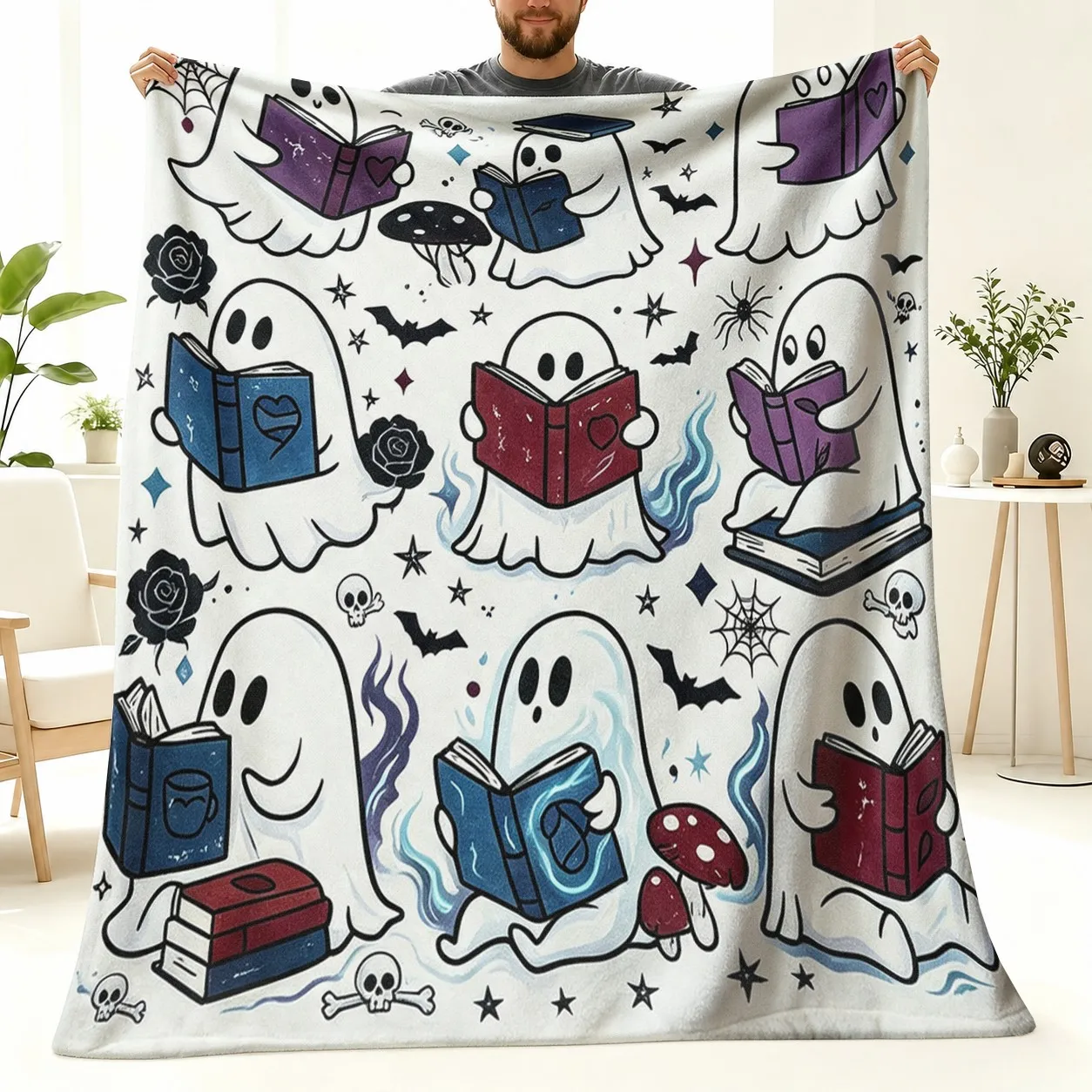 Soft Flannel Blanket, Featuring a Cute Reading Ghost Pattern, with Gentle Colors, Suitable for All Seasons. It Is Very Suitable for Decorating Your Sofa, Bed, Or Office, And Is a Choice for Book Lovers And As a Birthday Gift