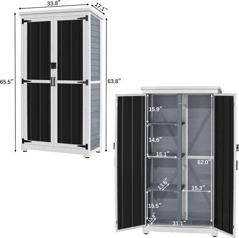 Gdlf Outdoor Opbergkast Hout & Metalen Tuinhuisje Met Waterdicht Dak En Stevige Afsluitbare Deuren 66"