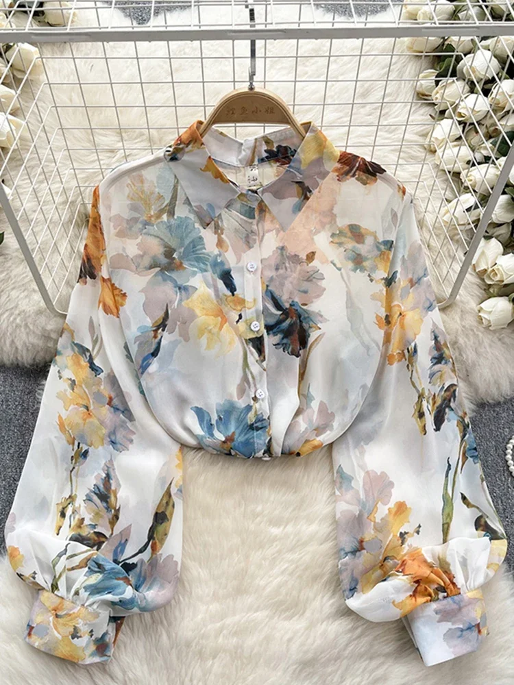 Women Spring Shirt Korean Version Floral Polo Collar Tulle Shirt Lantern Sleeves Unique Art Retro Long Sleeve Loose Top D4721