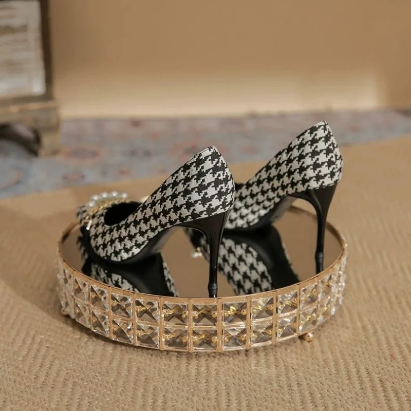 2024 New Autumn Black Thin Heel Pointed Single Shoes Temperament Elegant Ladies Shallow Mouth Thousand Bird Lattice High Heels
