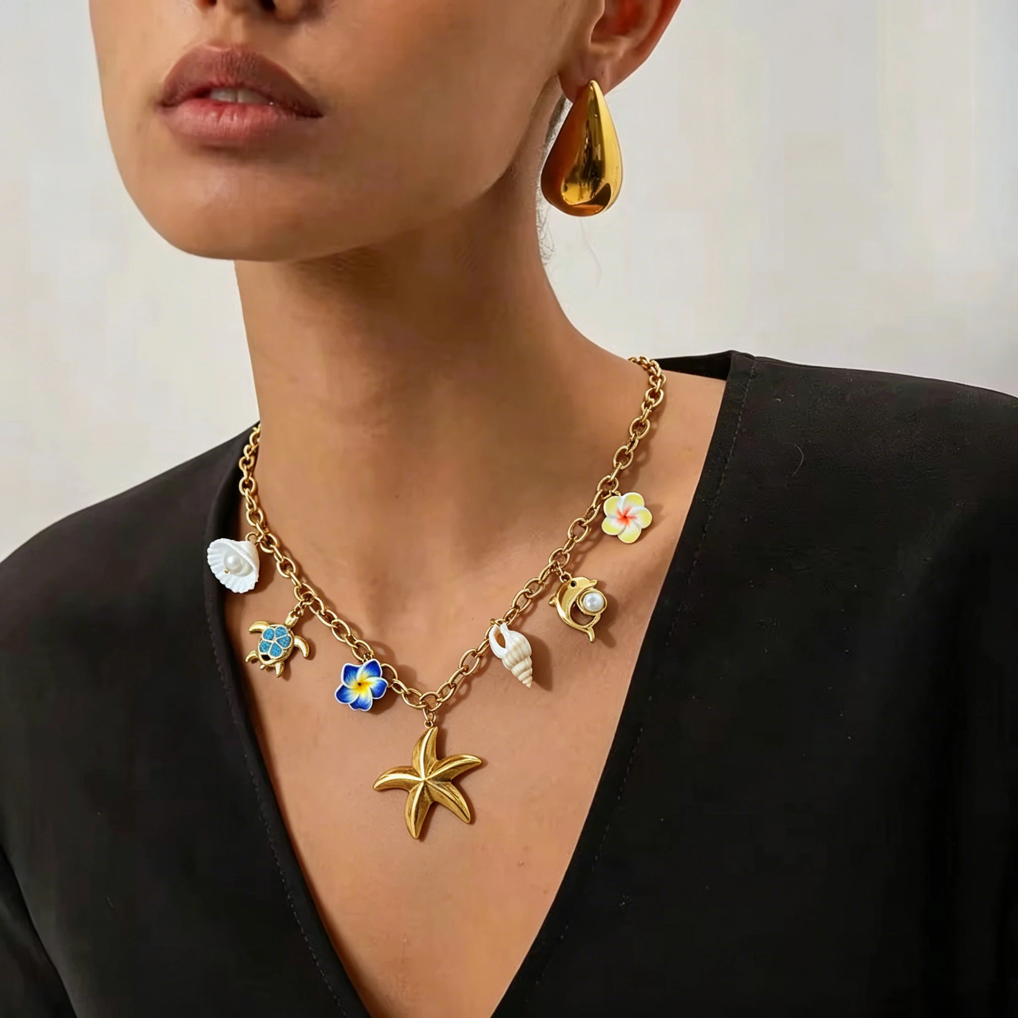 

Freetry Trendy Scallop Starfish Flower Pendant Stainless Steel Necklace for Women Waterproof Golden Necklace Summer Lady Jewelry