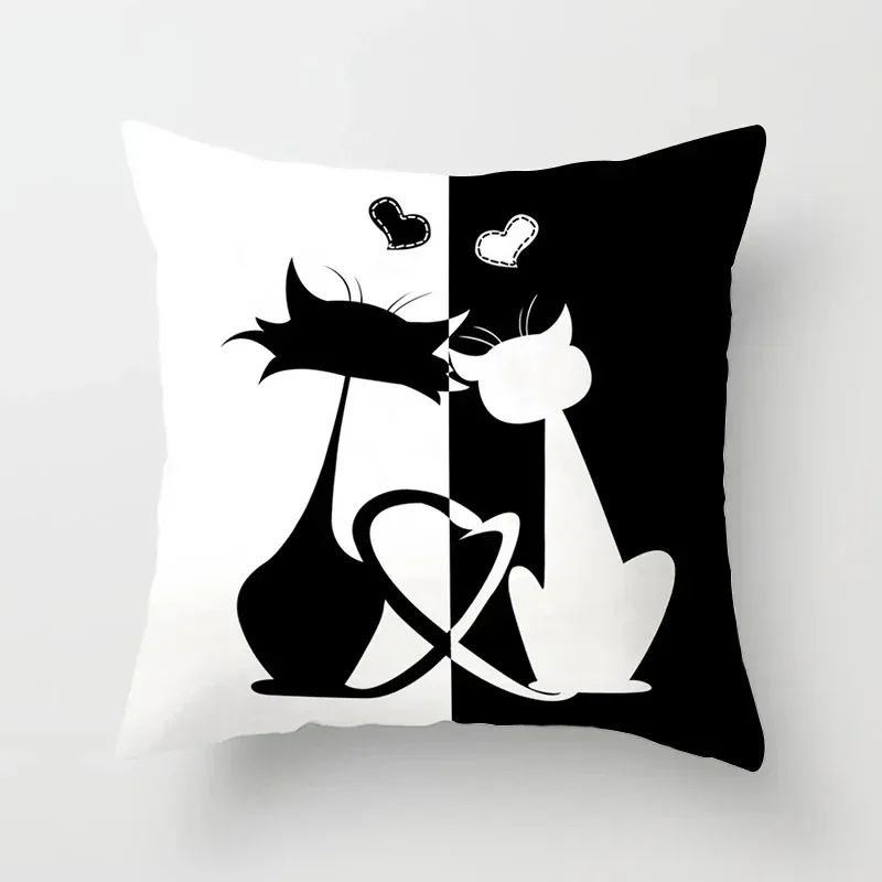 Cute Black White Cat Print Pillow Cover Cushion Cover Cartoon Kitty Striped Throw Pillow Case for Living Room Sofa Kids Bedroom