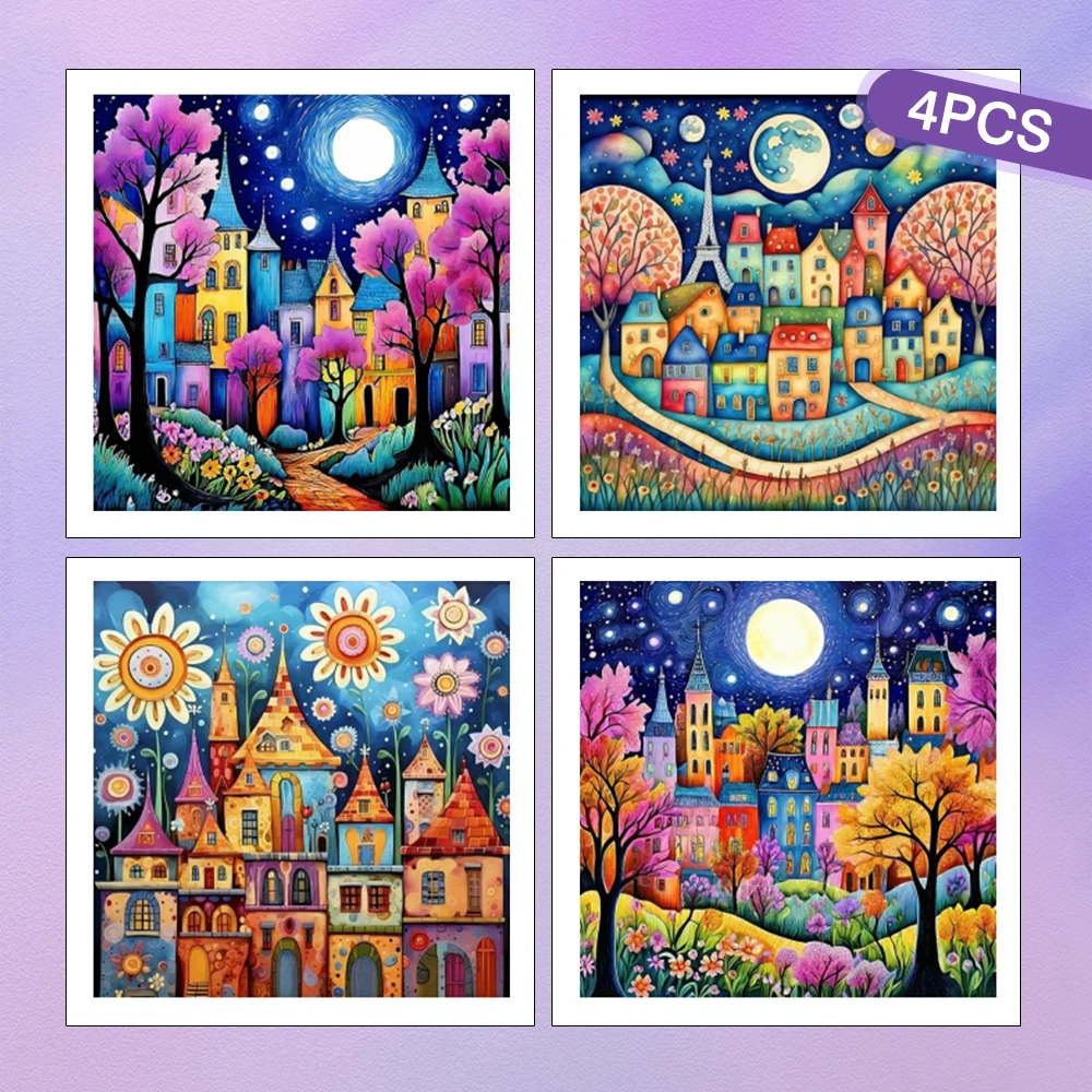 HUACAN 4 Stück 5D DIY Diamantmalerei Hauslandschaft Cartoon Mosaik Handgemachte Sets Vollrundbohrer Stickerei Baumlandschaft