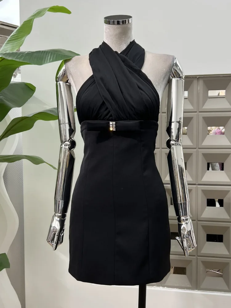 DFDG Robe dos nu pour femme, douce et sexy, col licou, col en V, transparente, moulante, mi-longue, avec nœud au dos, robe de soirée de cocktail élégante, 2025 SS