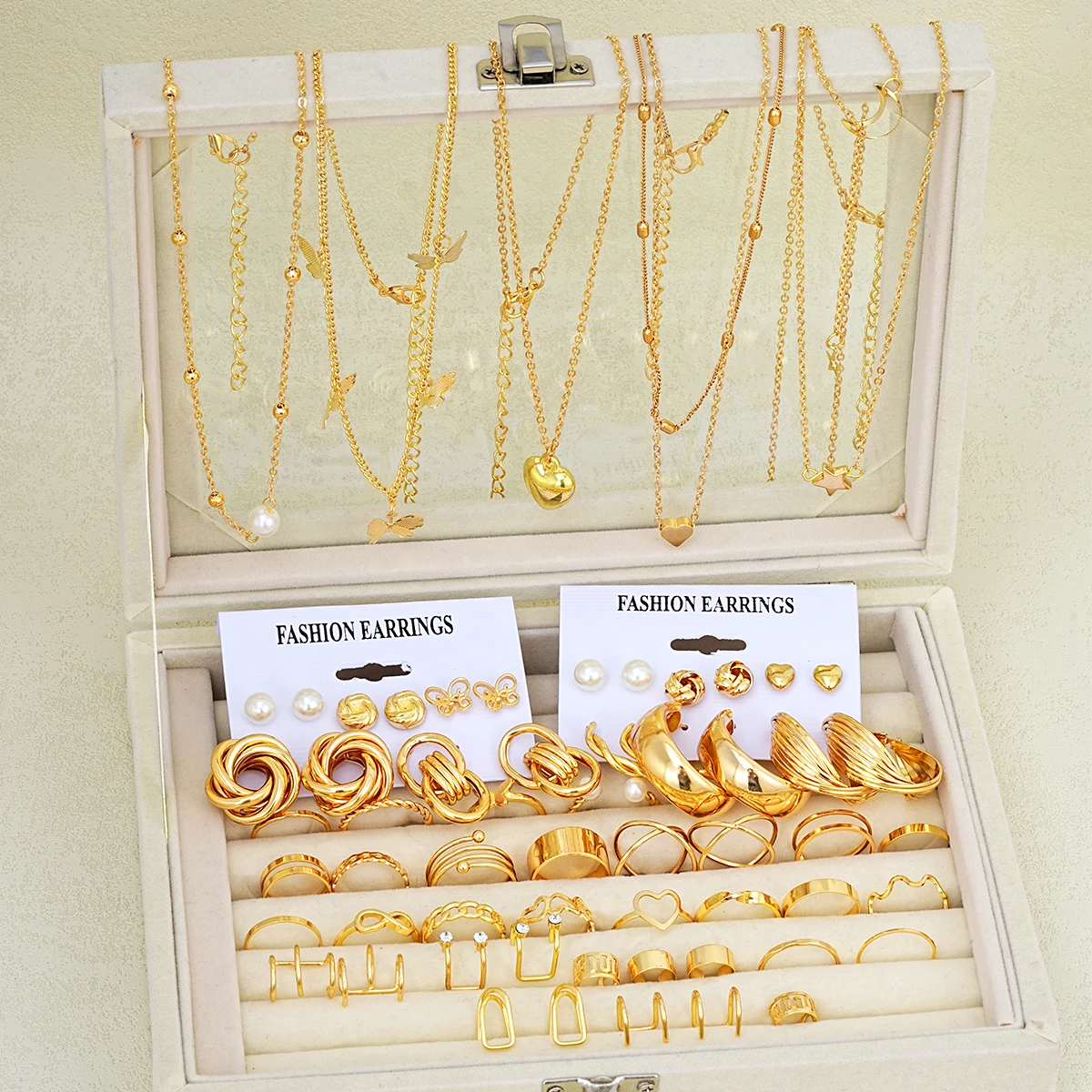 62-Piece Chic Jewelry Set for Women - Includes Earrings, Rings & Necklaces with Heart, Butterfly, Geometric Designs Jewelry Gift