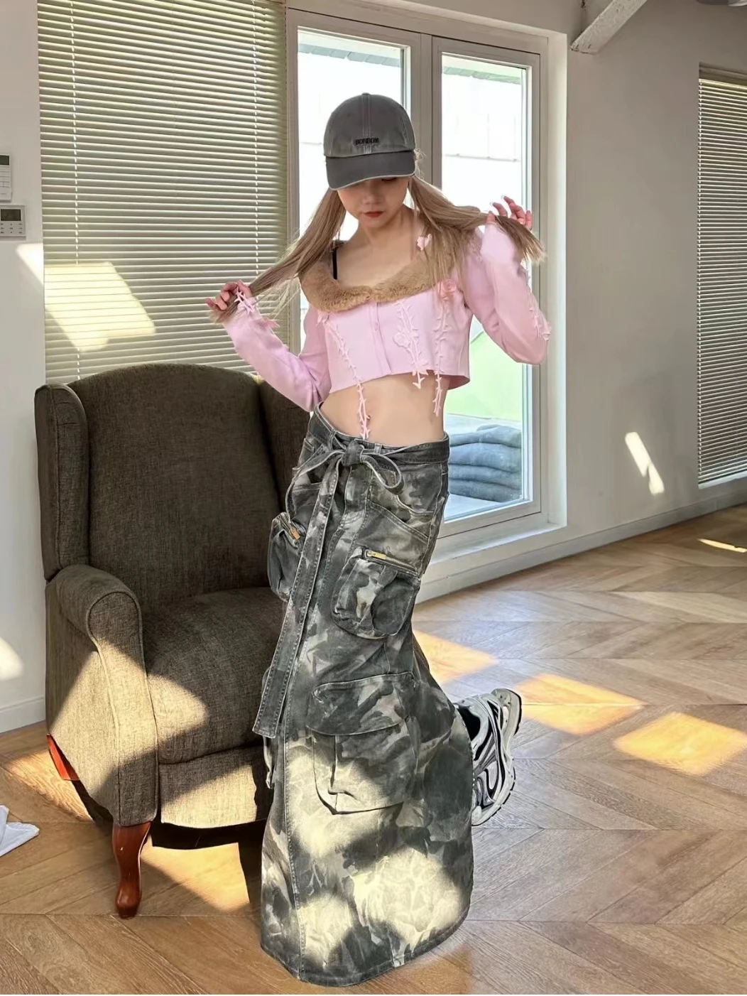 Street Style Rose Print Camouflage Multi-Pocket Workwear Design Casual Jeans Straight Leg  Dress Long Skirt