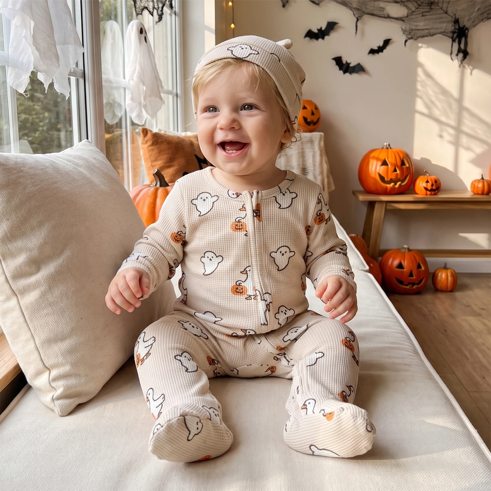 2027 Early Autumn Toddler Baby Halloween Footed Romper Creative Ghost Print Long Sleeve Jumpsuit with Hat Rompers