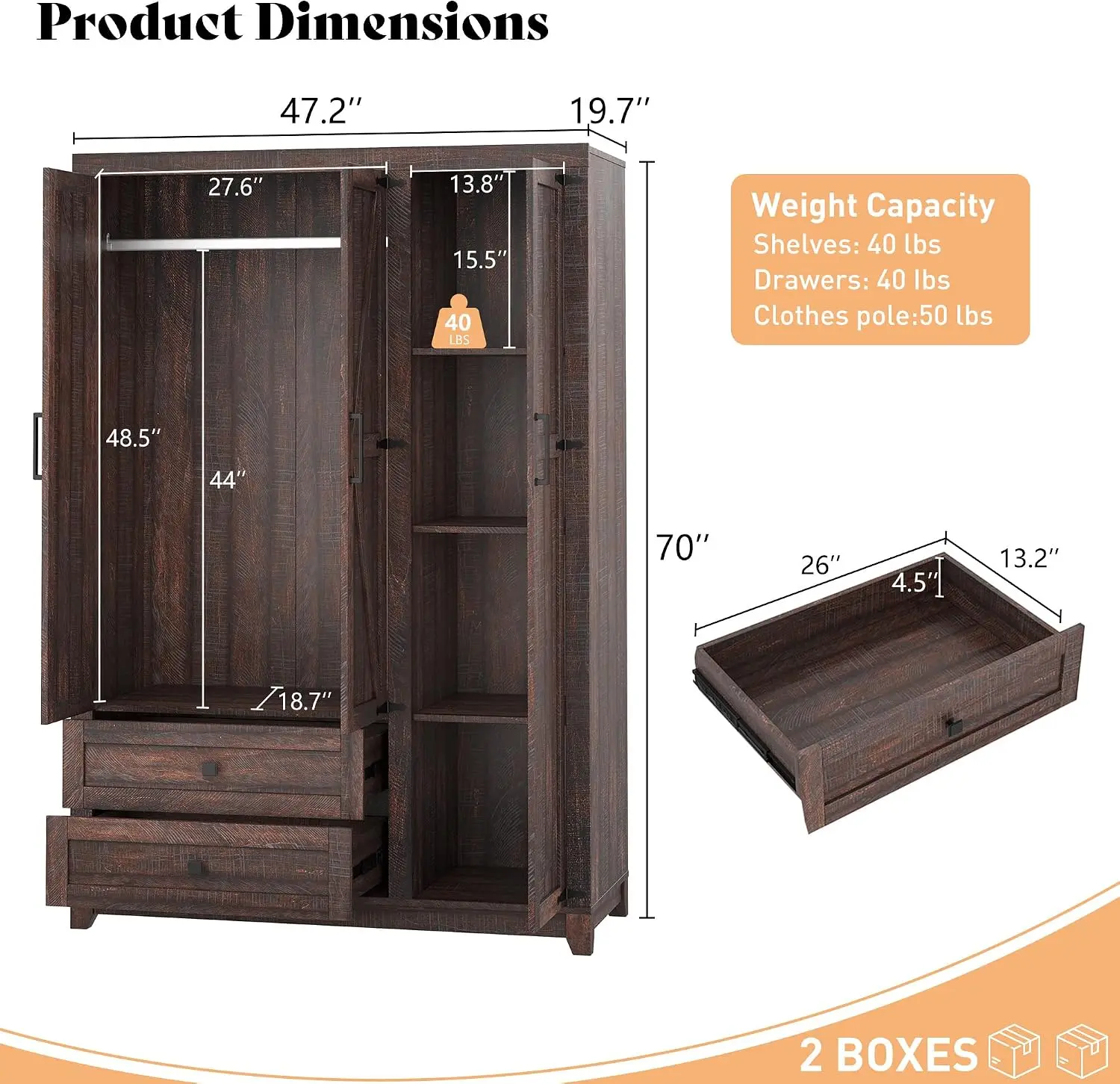 Farmhouse Three Door Wardrobe Closet With Two Drawers And Hanging Rod, Large Wooden Armoire Clothes Storage Organizer Cabinet For Bedroom Living Room, Rustic Style, 1 Piece