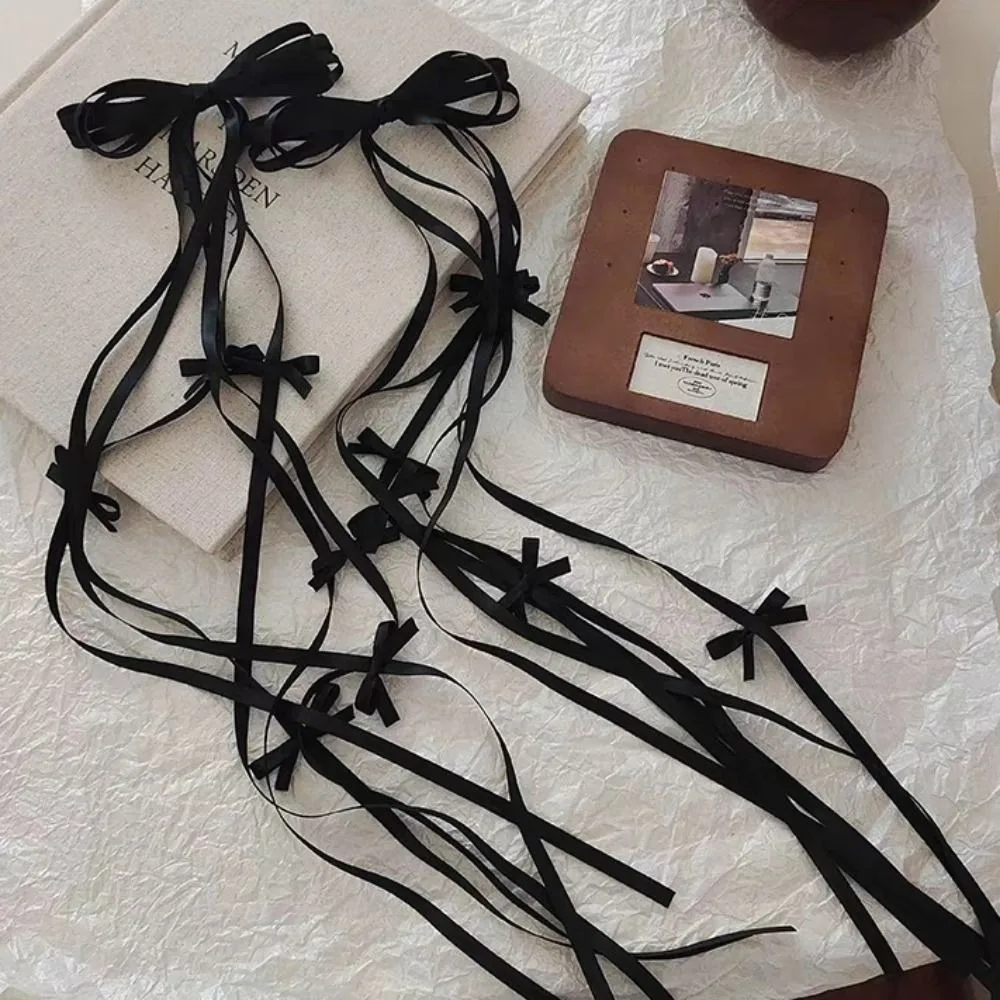 الرجعية شرابة Balletcore القوس دبوس الشعر Harajuku الباليه نمط طويل الشريط القوس مشبك شعر رباط شعر الأسود Bowknot المشابك فتاة #1