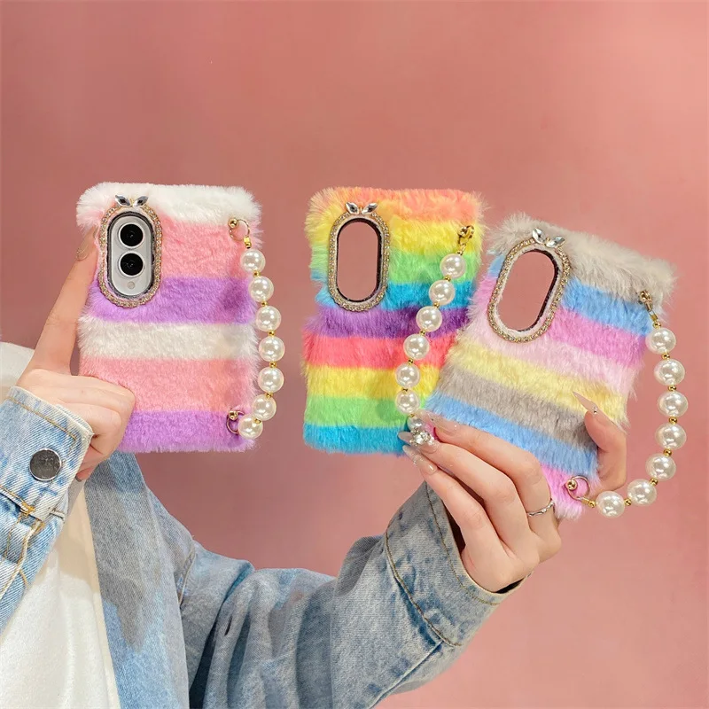 Luxury Colorful Rainbow Striped Plush Phone Case For Samsung Galaxy  Z Fold 8 Ultra 7 6 5 4 3 With Pearl Chain Shockproof Cover