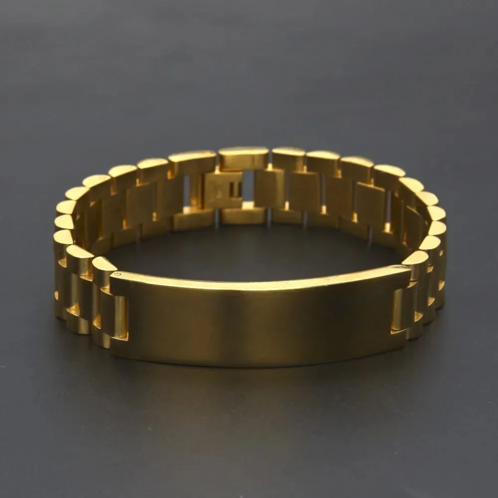 316L Stainless Steel Silver 18k Gold Plated Watchband Bracelet Men Luxury Hip hop Punk Jewelry Bangle For Men 15mm 21cm Size