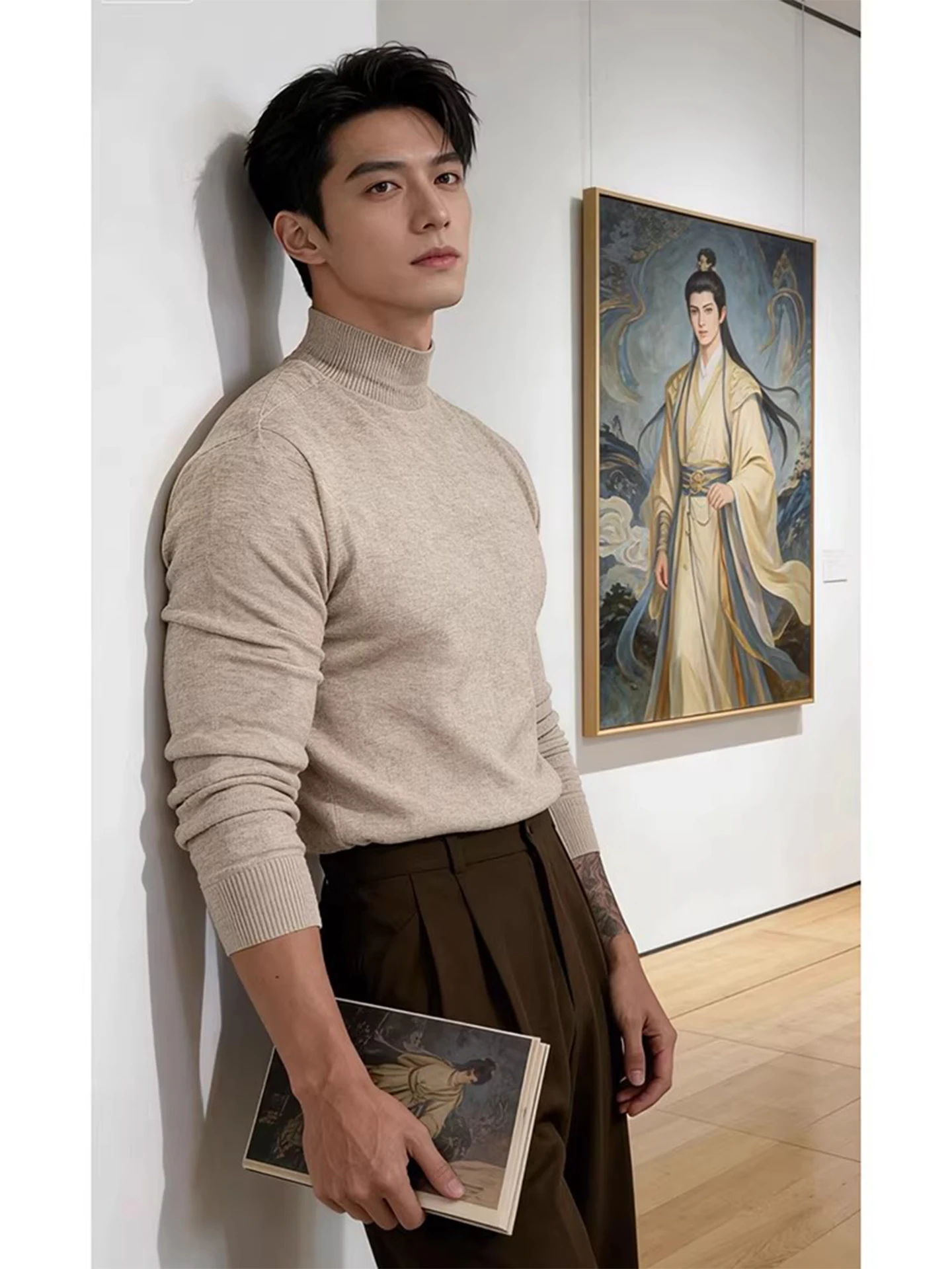 

Корейский мужской вязаный свитер с высоким воротником, модный, с длинным рукавом, мягкий, удобный, стандартный крой