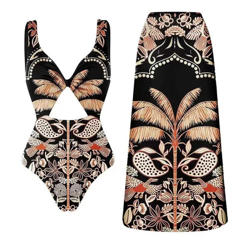 Printed One Piece Swimsuit Women Bikini with Beach Set New One Shoulder High Waist Split Swimwear Brazilian Biquini Bathing Suit