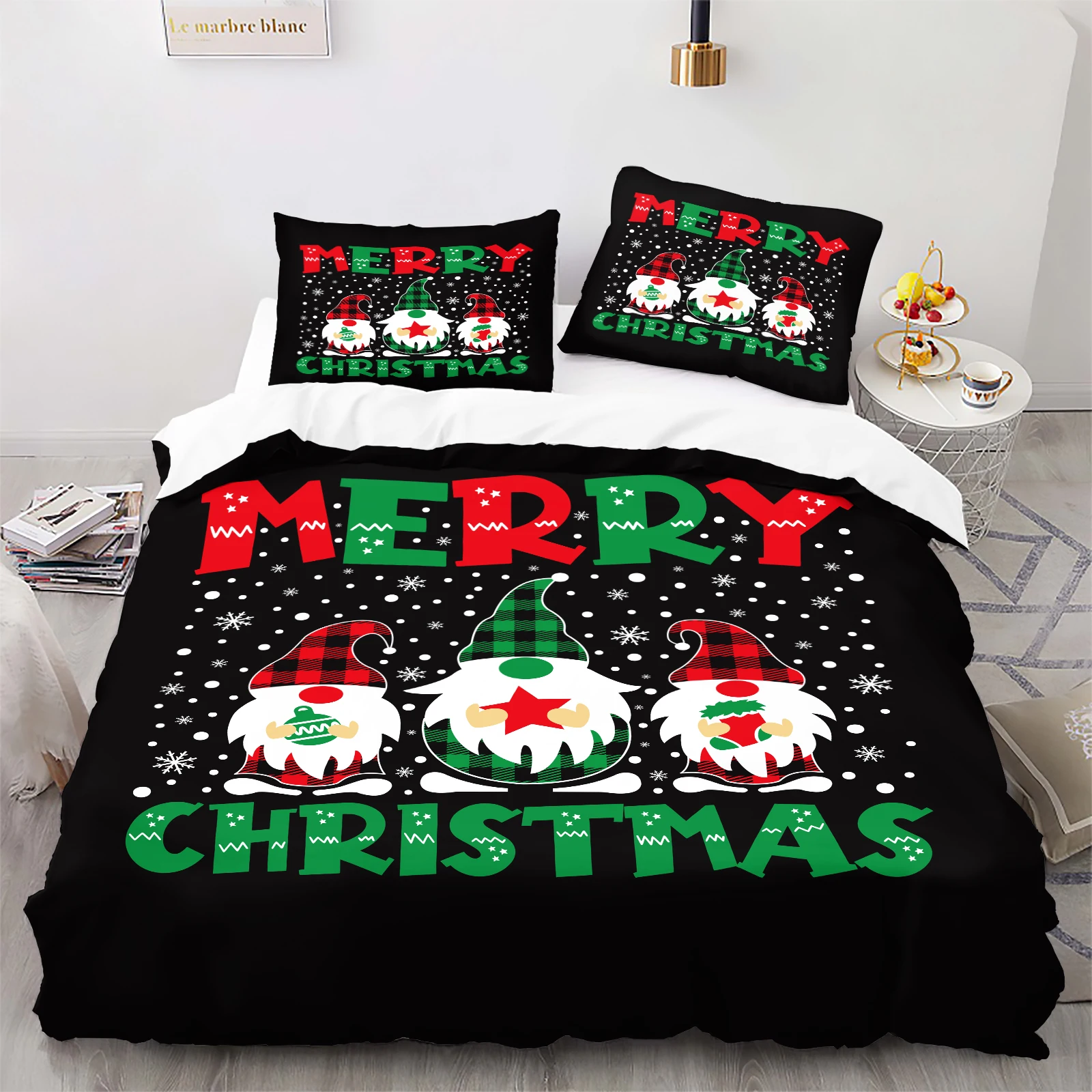 Festive Christmas Gnome Duvet Set with Plaid Hats & Snowflakes on Black Background. Bold Holiday Bedding for Winter Decor
