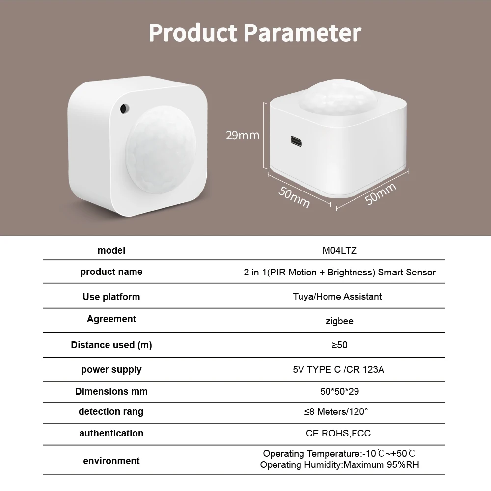 Tuya ZigBee 2in1 Sensore intelligente di luminosità del movimento PIR Rilevatore di movimento umano Sensore di luce integrato Funziona con l'assistente domestico