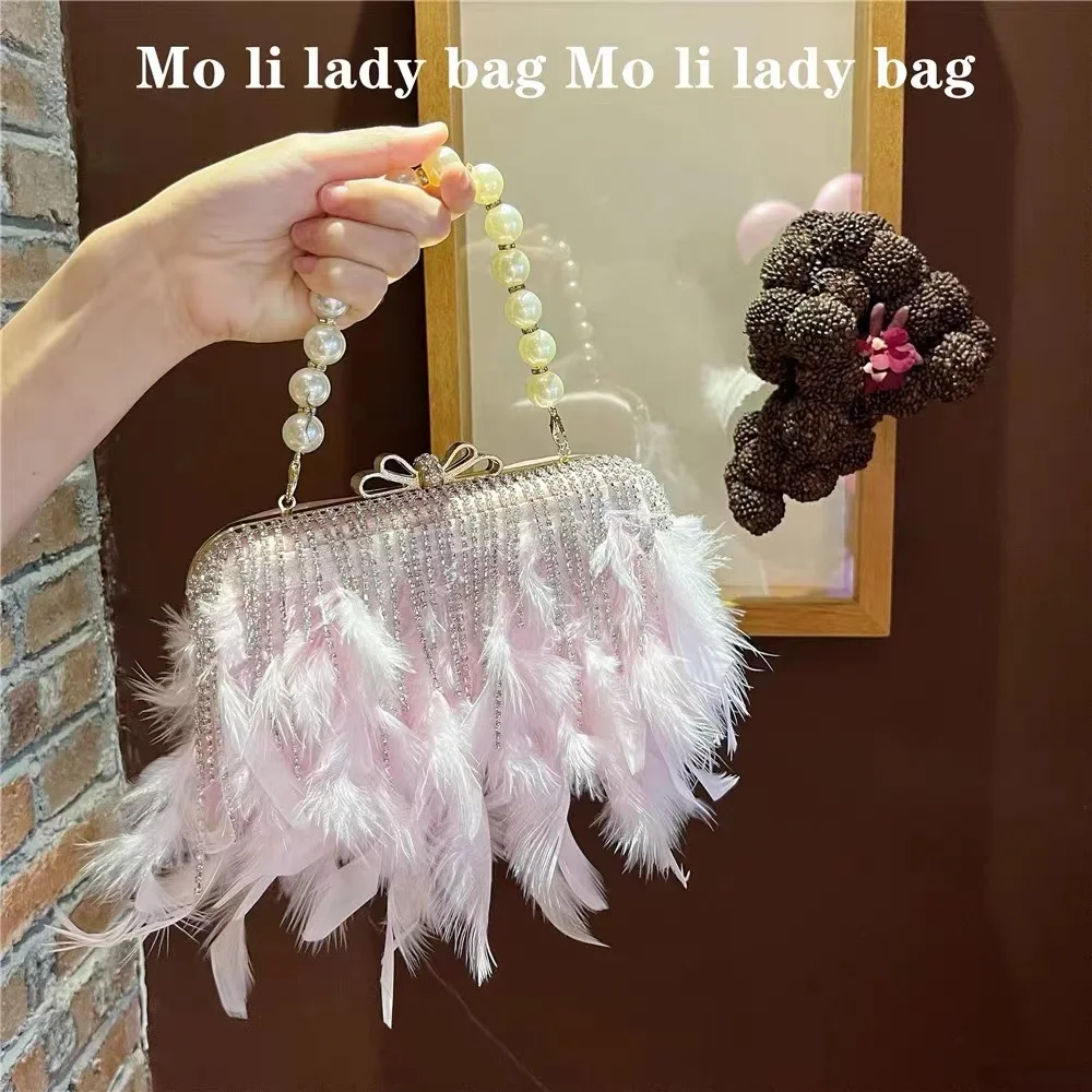 Ostrich Feather Bling Tassel Square Bag Women Handbag Pearl Beading Handle Evening Bag Wedding Party Clutch Purse Crossbody Bag