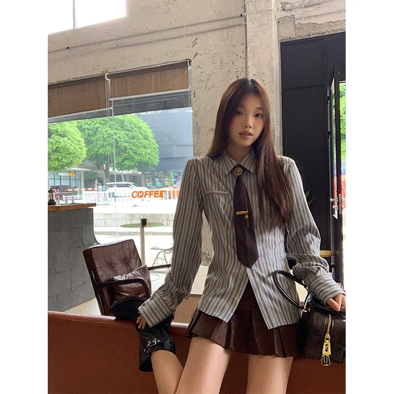 Spring Fall Y2K Harajuku Striped Shirts Women Vintage Streetwear Tie Long Sleeve Blouses Korean Preppy Slim All Match Tops 2025