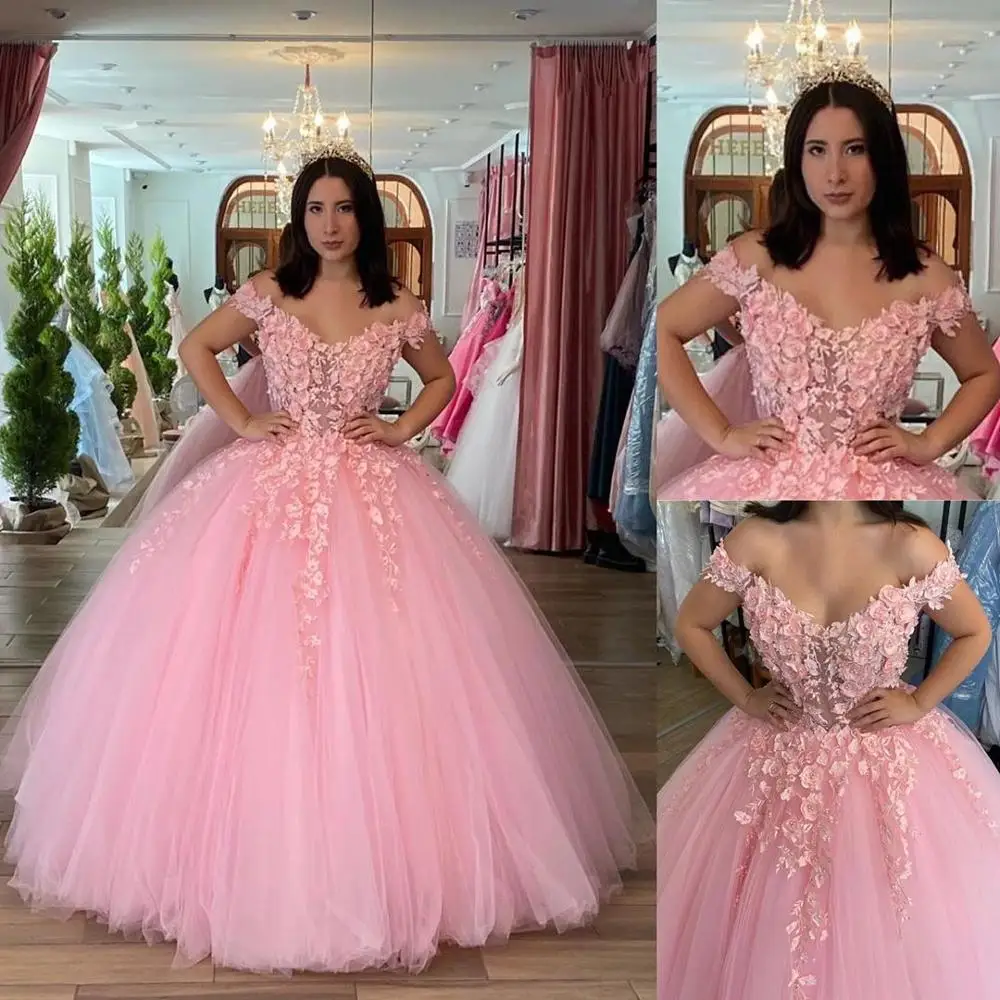 

ANGELSBRIDEP Simple Pink Quinceanera Dresses 15 Party Formal Applique Handlemake Flower Tulle Princess Birthday Gown Plus Size