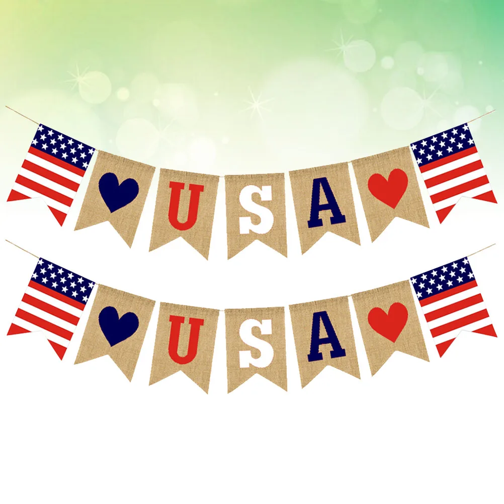 

2Pcs Burlap Banner Usa Patriotic Bunting Hanging Pull Flag Party Decoration American Independence Day Birthday Celebration