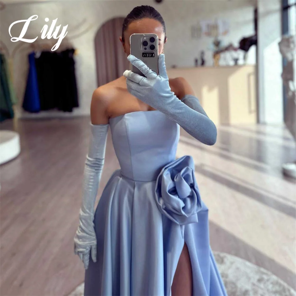 Lily Off the Shoulder Evening Gown A-Line Elegant Prom Dress with High Side Split Blue Strapless Evening Dress robes de soirée