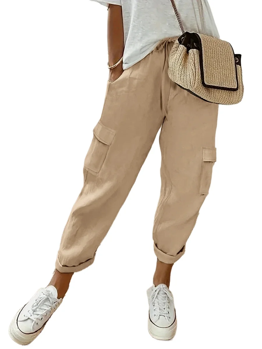 Loose Fit Cargo Pants for Women Drawstring Waist Baggy Trousers with Multiple Pockets Solid Color Wide Leg Streetwear Long Pants