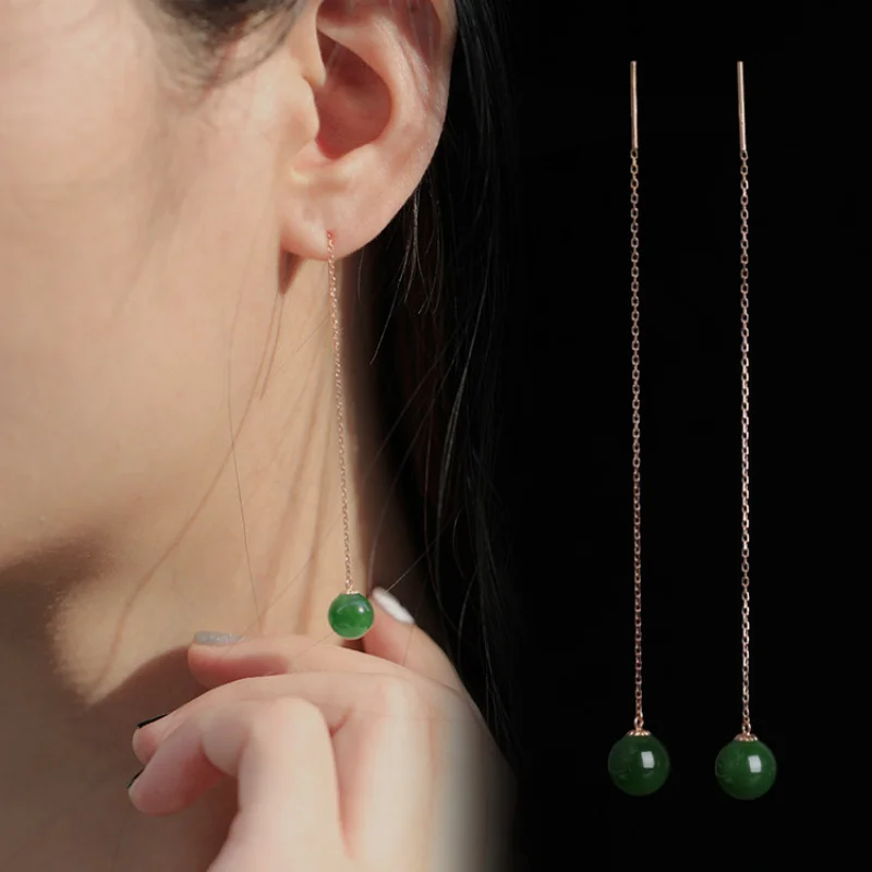 Ancient Style 18K Gold Natural Hetian Ear Thread with Certificate Round Bead Jade Earrings fo