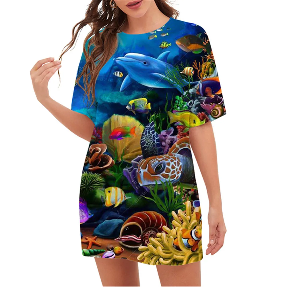 Ocean World Animal Fish 3D sukienka z nadrukiem na lato O-Neck z krótkim rękawem w stylu plażowym luźna sukienka ponadgabarytowa moda damska