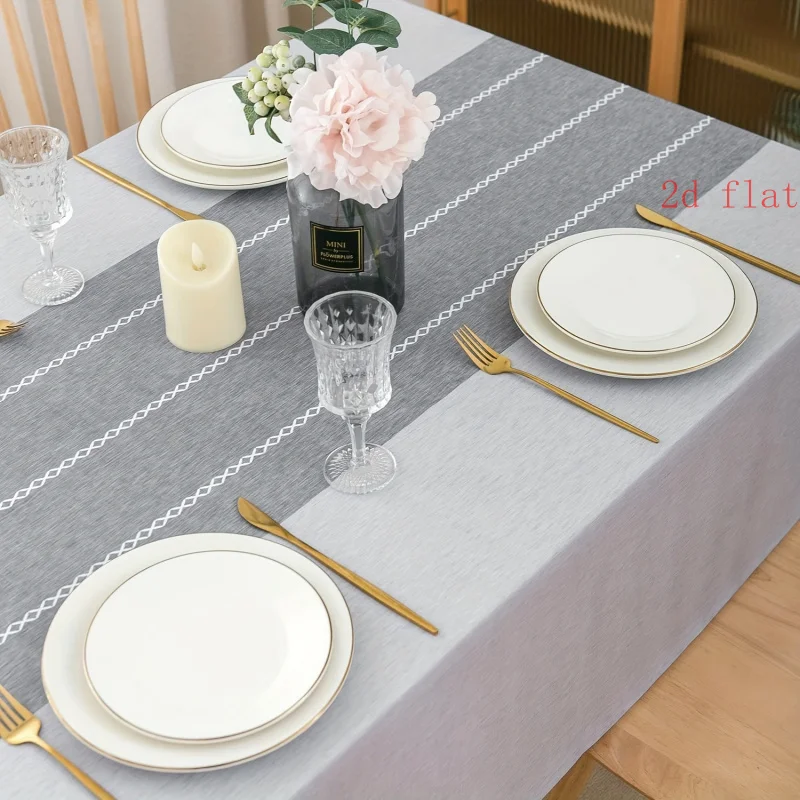 2D planar - 1-piece rectangular tablecloth with gray stripes and fringed texture on the edges.