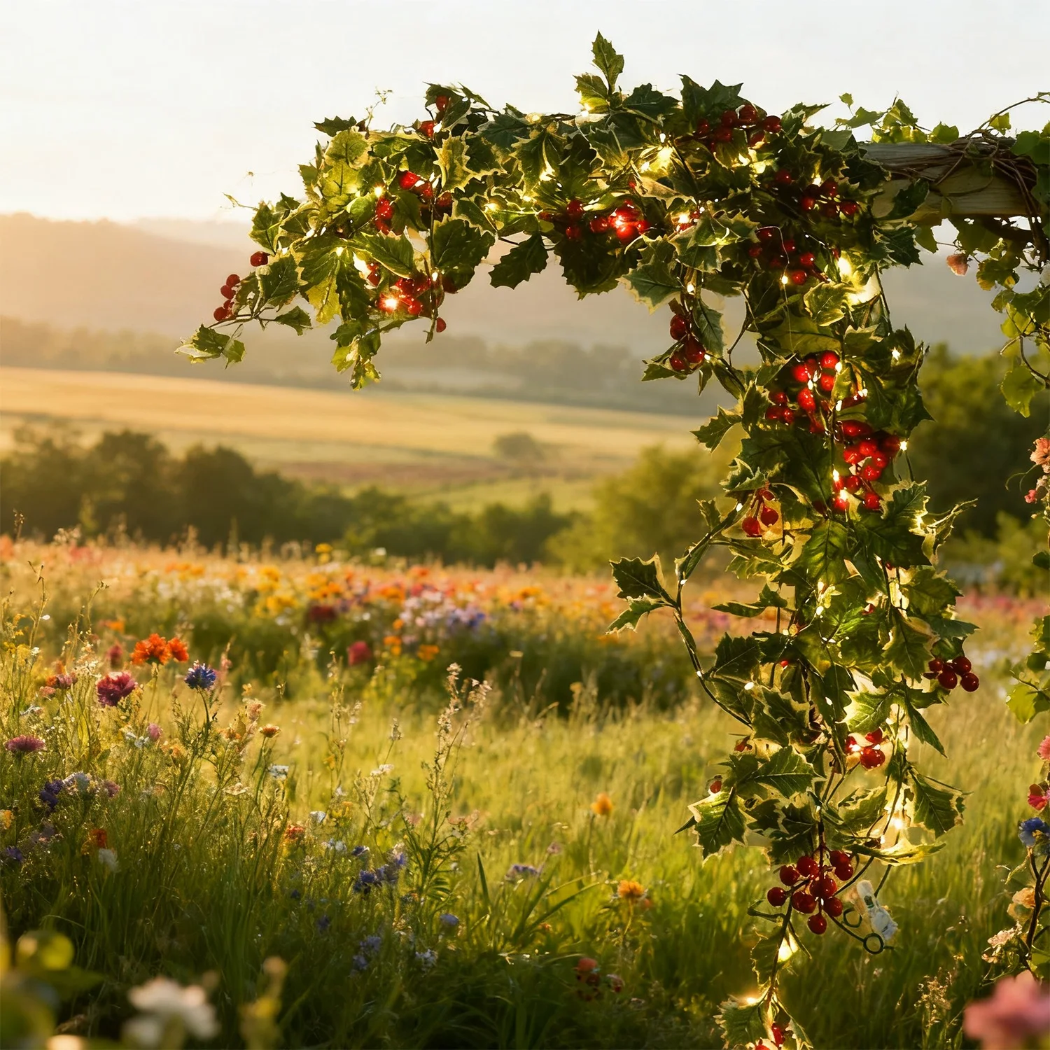 إكليل عيد الميلاد مع أضواء LED التوت الأحمر الزهور الاصطناعية طاولة النبات عيد الميلاد معلقة الروطان لتزيين درابزين الدرج