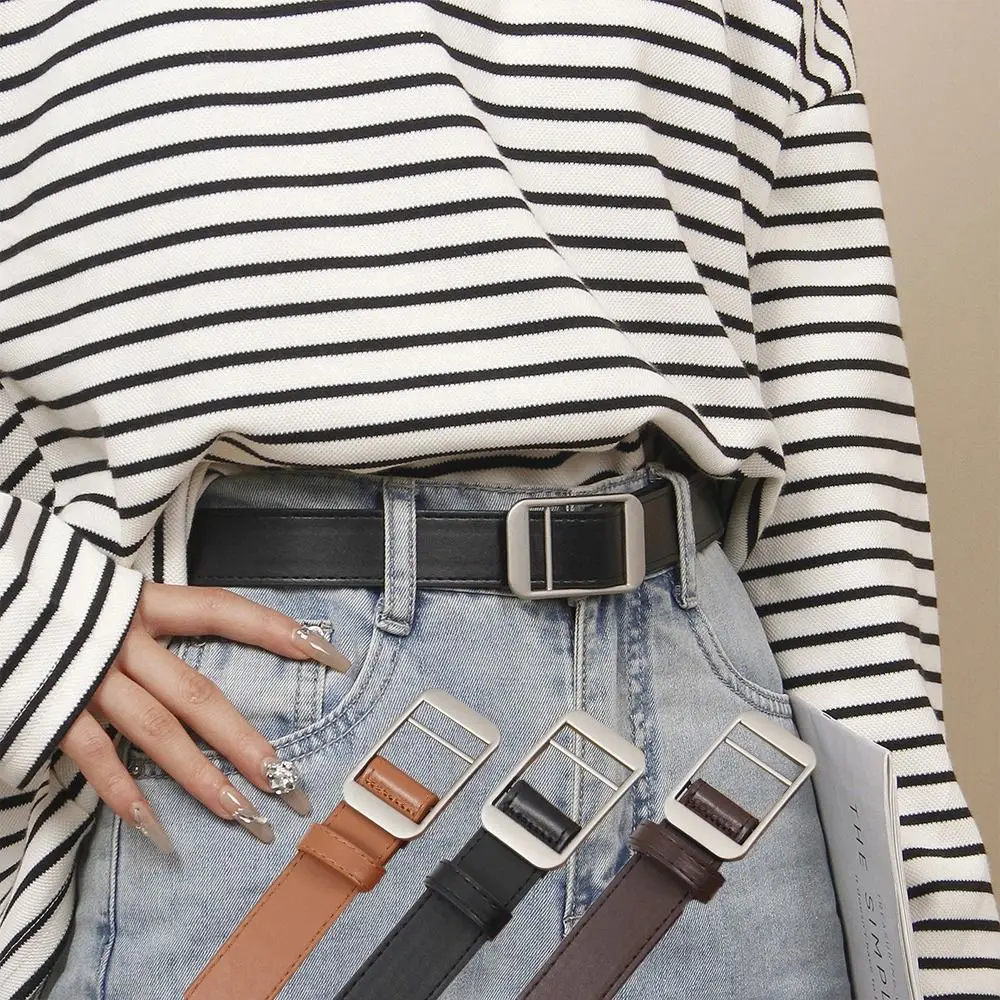 

Chic Luxury Design Leather Belt Casual Versatile Thin Waist Strap Non-Porous Buckle Waistband