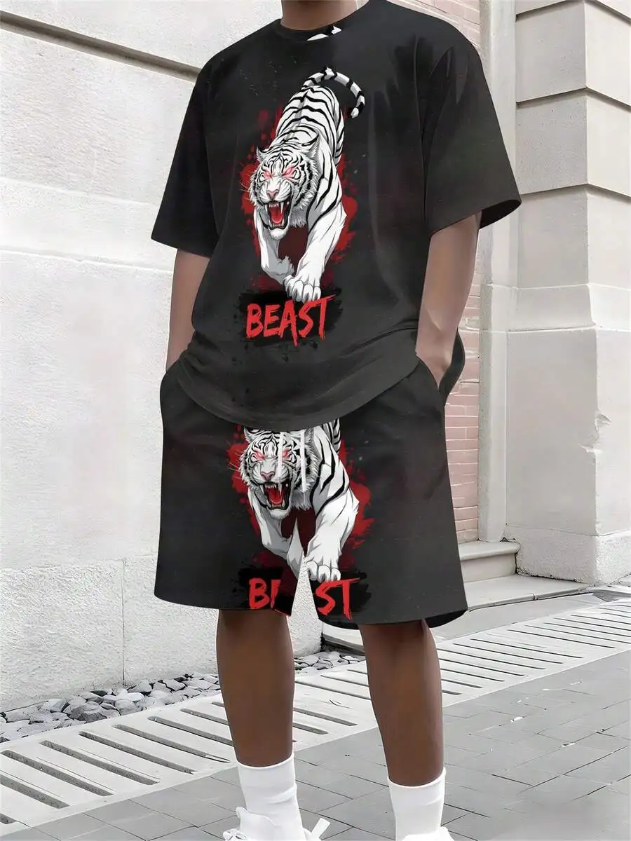 

Mens Black Tiger Print Casual Short Sleeve T-Shirt And Shorts Set
