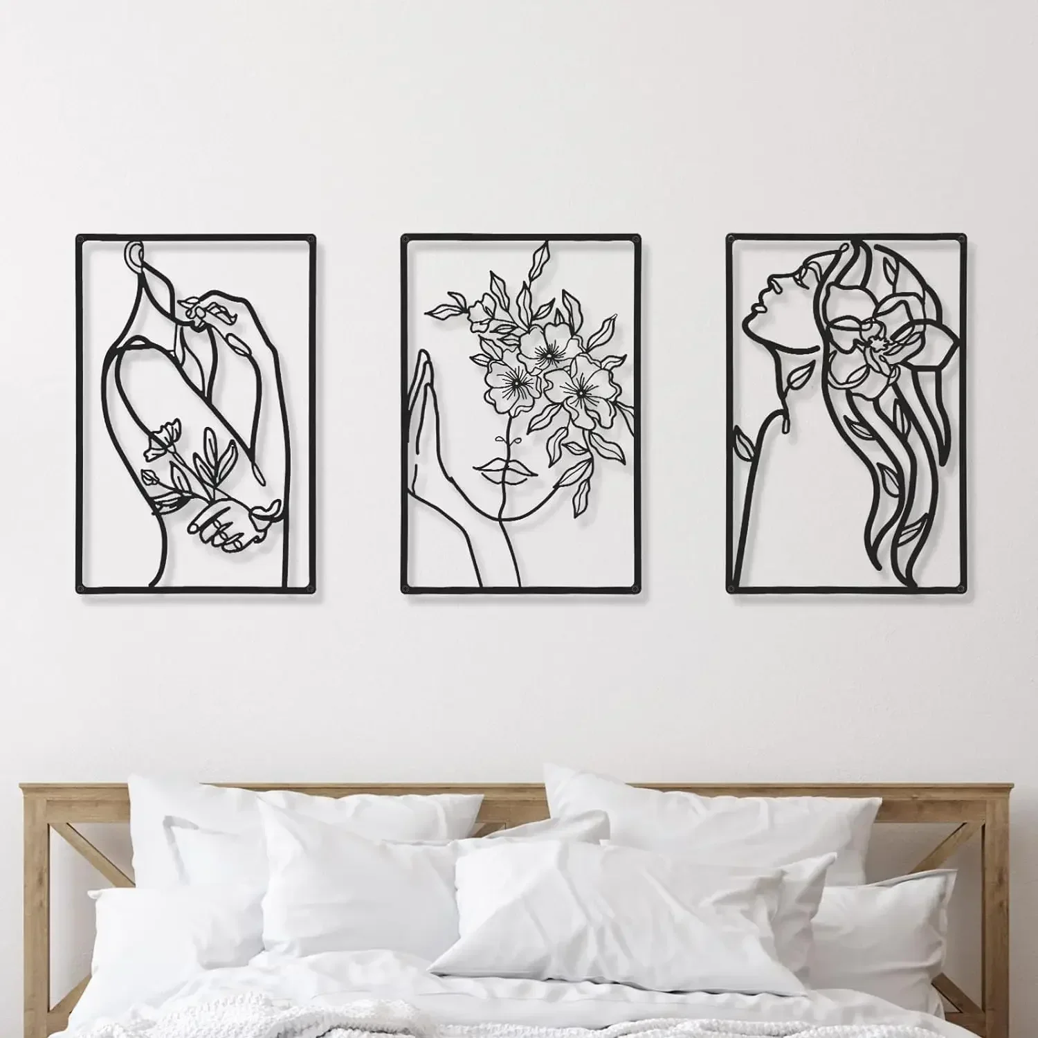 3 Pieces Minimalist Abstract Metal Wall Art - Single Line Drawing of Woman for Kitchen, Bathroom, Living Room (Black,Cup Style)