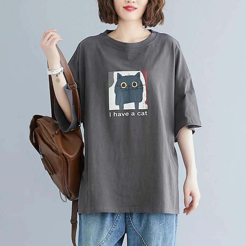 تي شيرت نسائي مقاس كبير بأسلوب كوري مع طباعة كرتونية وأكمام قصيرة وياقة مستديرة وتصميم فضفاض متعدد الاستخدامات للصيف من القطن #5