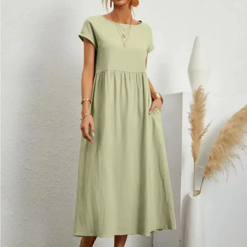 Letnia bawełniana lniana sukienka z krótkim rękawem O Neck Luźna kieszeń Vestido Moda Casual Eleganckie sukienki